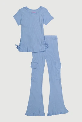 Girls Ribbed Knit Ruched Side Top and Cargo Flared Pants, Blue, Size 10-12