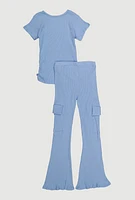 Girls Ribbed Knit Ruched Side Top and Cargo Flared Pants, Blue, Size 10-12