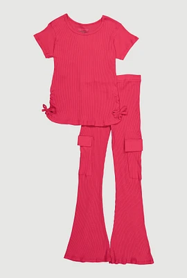 Girls Ribbed Knit Ruched Side Top and Cargo Flared Pants, Pink, Size 10-12