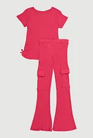 Girls Ribbed Knit Ruched Side Top and Cargo Flared Pants, Pink, Size 10-12