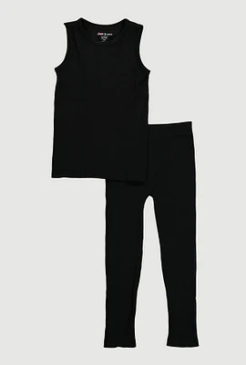 Girls Ribbed Knit Seamless Tank Top and Leggings Set, Black, Size 14-16