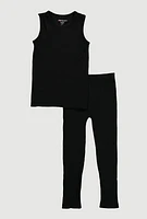 Girls Ribbed Knit Seamless Tank Top and Leggings Set, Black, Size 14-16