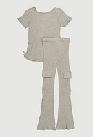Girls Ribbed Knit Graphic Top and Cargo Flared Pants, Grey, Size 7-8