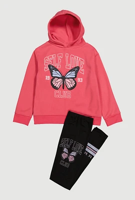 Girls Self Love Club Butterfly Hoodie and Leggings, Pink, Size 7-8