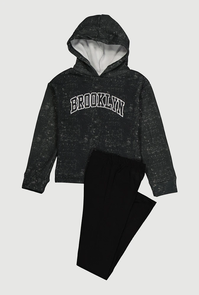 Girls Acid Wash Brooklyn Sweatshirt and Leggings, Black, Size 10-12