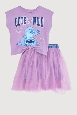 Little Girls Cute and Wild Stitch Graphic Top with Tutu Skort, Purple, Size 4