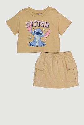 Little Girls Mineral Wash Stitch Graphic Tee and Cargo Skirt, Beige, Size 6X