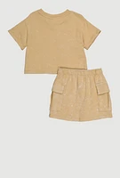Little Girls Mineral Wash Stitch Graphic Tee and Cargo Skirt, Beige, Size 6X