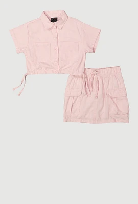 Little Girls Button Front Shirt and Cargo Skirt, Pink, Size 5-6