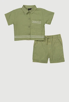 Little Girls Sequin Trim Button Front Shirt and Shorts, Green,