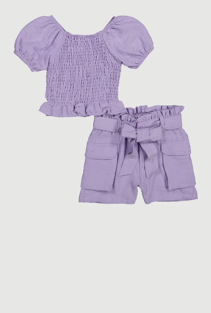 Little Girls Smocked Puff Sleeve Top and Cargo Shorts, Purple, Size 6X