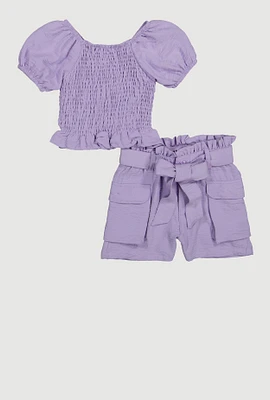 Little Girls Smocked Puff Sleeve Top and Cargo Shorts, Purple, Size 6X