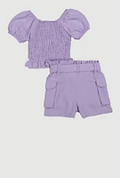 Little Girls Smocked Puff Sleeve Top and Cargo Shorts, Purple, Size 6X