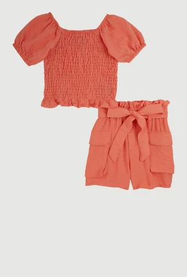 Little Girls Smocked Puff Sleeve Top and Cargo Shorts,
