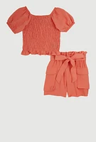 Little Girls Smocked Puff Sleeve Top and Cargo Shorts,