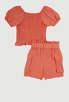 Little Girls Smocked Puff Sleeve Top and Cargo Shorts,