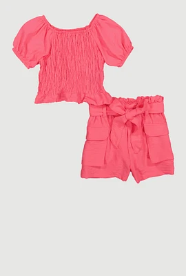 Little Girls Smocked Puff Sleeve Top and Cargo Shorts, Pink, Size 5-6