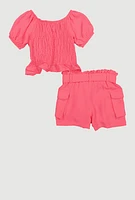 Little Girls Smocked Puff Sleeve Top and Cargo Shorts, Pink, Size 5-6