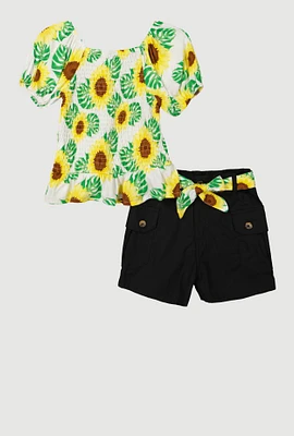 Little Girls Sunflower Smocked Peplum Top and Cargo Shorts, Multi, Size 5-6