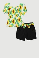 Little Girls Sunflower Smocked Peplum Top and Cargo Shorts, Multi, Size 5-6