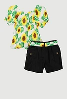 Little Girls Sunflower Smocked Peplum Top and Cargo Shorts, Multi, Size 5-6