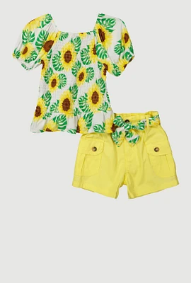 Little Girls Sunflower Smocked Peplum Top and Cargo Shorts, Multi, Size 6X
