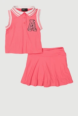 Little Girls Chenille Initial A Patch Polo Tee and Skort, Pink, Size 6X