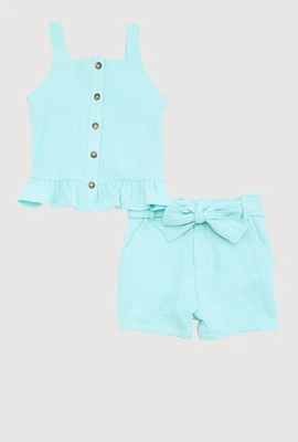 Little Girls Sleeveless Button Front Ruffle Hem Top and Shorts,