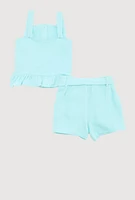 Little Girls Sleeveless Button Front Ruffle Hem Top and Shorts, Blue, Size 6X