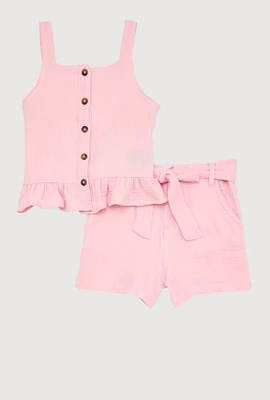Little Girls Sleeveless Button Front Ruffle Hem Top and Shorts, Pink,