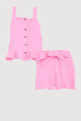Little Girls Sleeveless Button Front Ruffle Hem Top and Shorts, Pink,