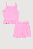 Little Girls Sleeveless Button Front Ruffle Hem Top and Shorts, Pink,