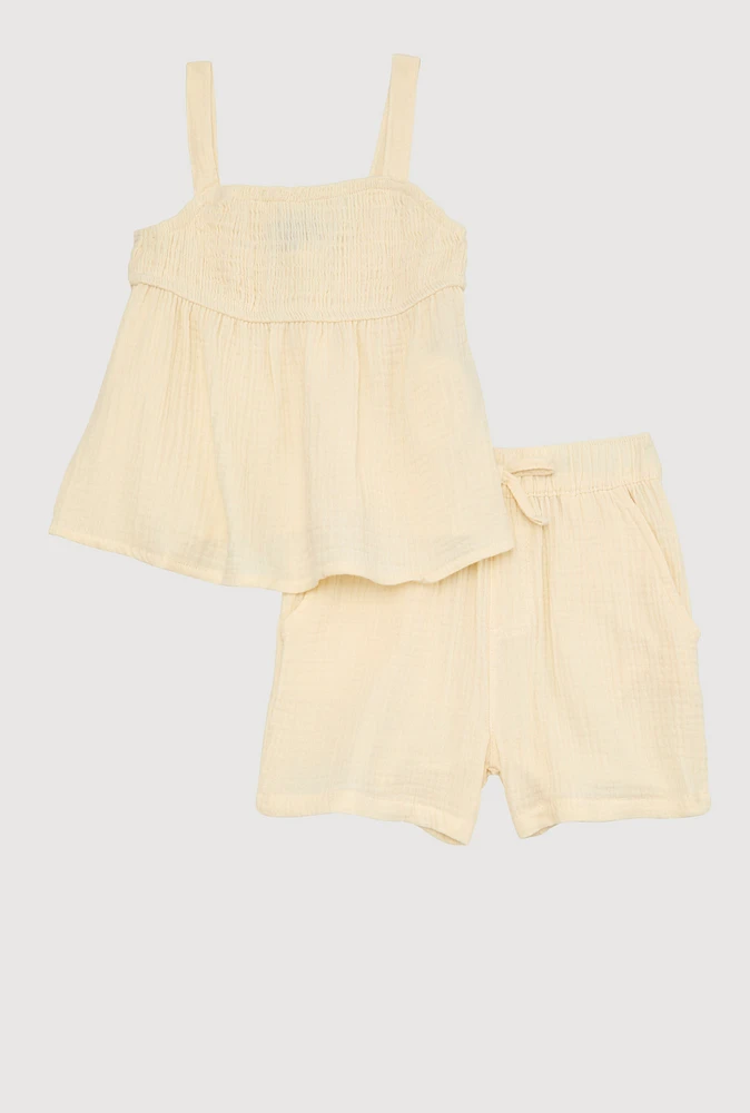 Little Girls Gauze Knit Smocked Top and Shorts, Beige, Size 4