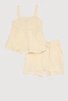Little Girls Gauze Knit Smocked Top and Shorts, Beige, Size 4