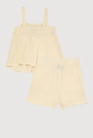 Little Girls Gauze Knit Smocked Top and Shorts, Beige, Size 4