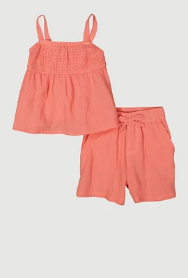 Little Girls Gauze Knit Smocked Top and Shorts, Orange, Size 4
