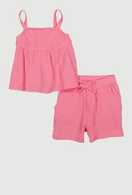 Little Girls Gauze Knit Smocked Top and Shorts, Pink, Size 6X