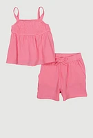Little Girls Gauze Knit Smocked Top and Shorts, Pink, Size 5-6