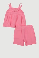 Little Girls Gauze Knit Smocked Top and Shorts, Pink, Size 5-6