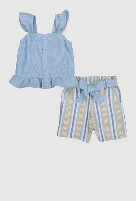 Little Girls Gauze Knit Smocked Top and Stripe Shorts, Blue, Size 6X