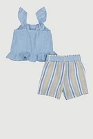 Little Girls Gauze Knit Smocked Top and Stripe Shorts, Blue, Size 6X