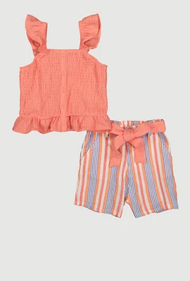 Little Girls Gauze Knit Smocked Top and Stripe Shorts, Orange, Size 6X