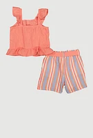 Little Girls Gauze Knit Smocked Top and Stripe Shorts, Orange, Size 6X