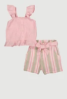 Little Girls Gauze Knit Smocked Top and Stripe Shorts, Pink, Size 6X