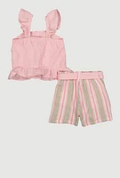 Little Girls Gauze Knit Smocked Top and Stripe Shorts, Pink, Size 6X