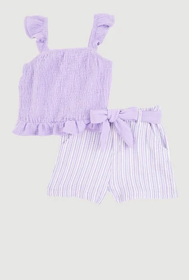 Little Girls Ruffle Smocked Top and Tie Waist Striped Shorts, Multi, Size 4