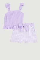 Little Girls Ruffle Smocked Top and Tie Waist Striped Shorts, Multi, Size 4