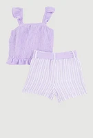 Little Girls Ruffle Smocked Top and Tie Waist Striped Shorts, Multi, Size 4