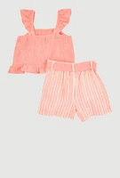 Little Girls Ruffle Smocked Top and Tie Waist Striped Shorts, Multi, Size 5-6