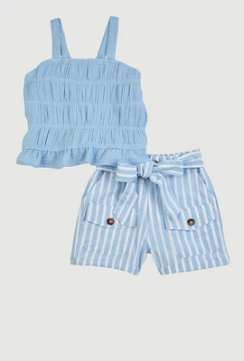 Little Girls Gauze Knit Smocked Sleeveless Top and Shorts, Blue, Size 6X